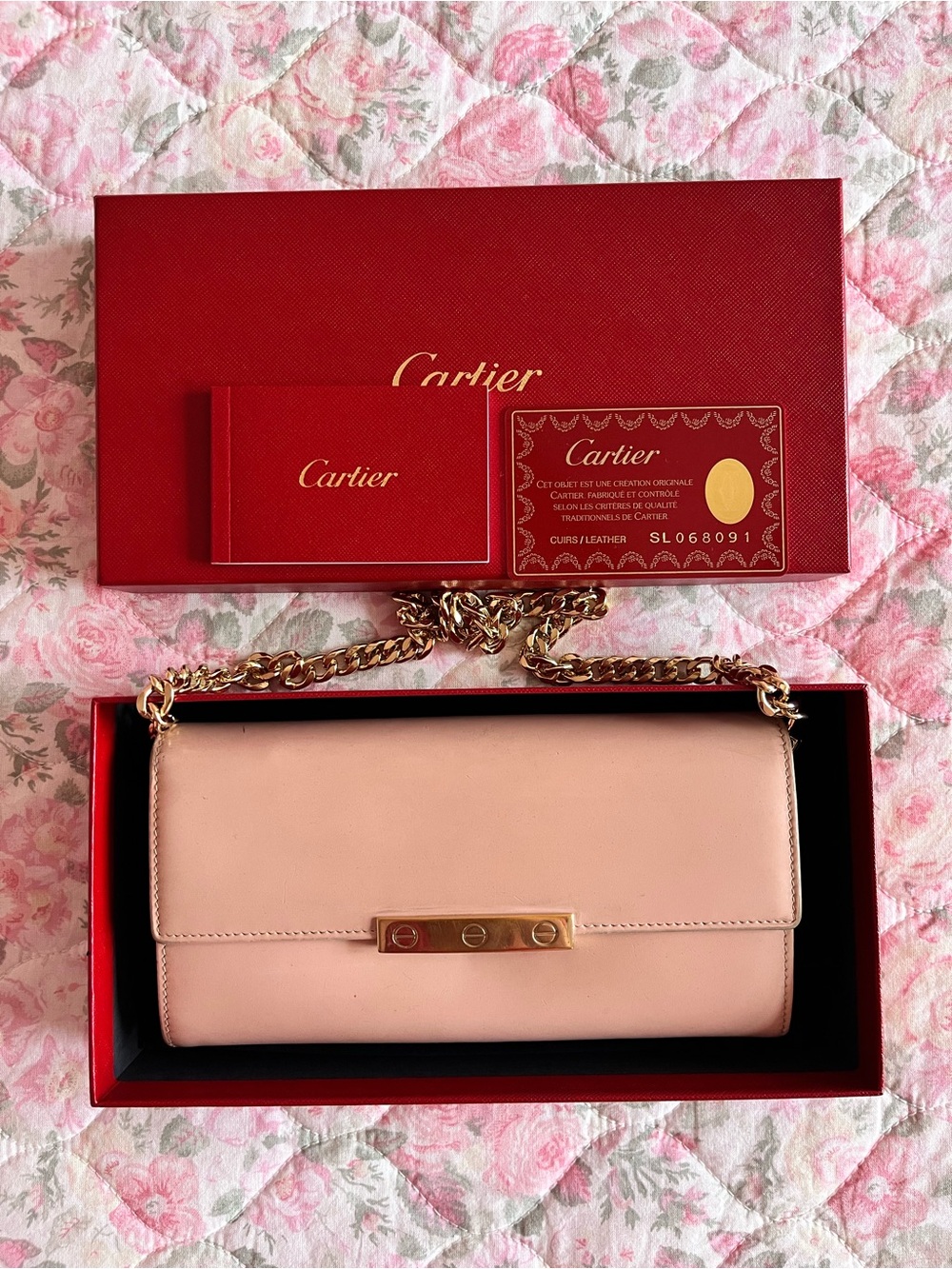 RARE Cartier Blush Pink Leather Shoulder Bag with Gold Chain